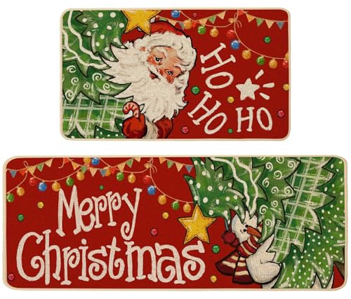 Baccessor Christmas Kitchen Rugs Set of 2 Red Claus Snowman 17x29 & 17x47 Inches