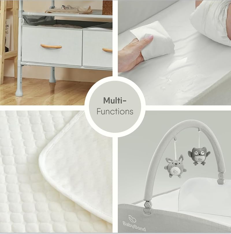 Foldable Baby Changing Table with Lockable Wheels & Storage Baskets (Beige)