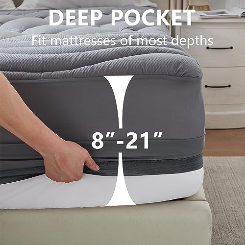 Elven Home Waterproof King Mattress Pad - Deep Pocket Quilted Cover (Grey)
