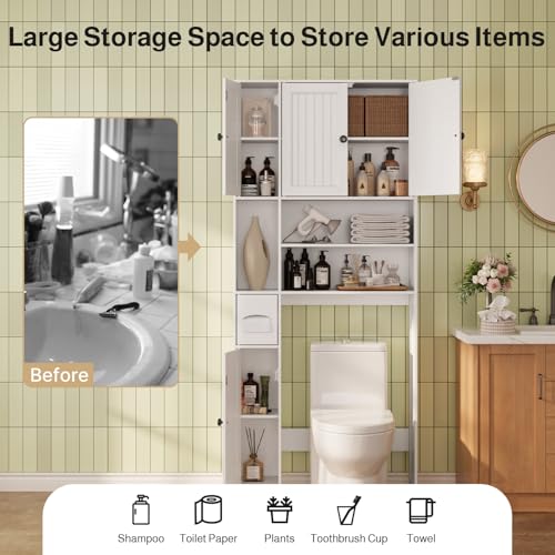 Over Toilet Storage Cabinet with 5 Doors and Adjustable Shelves, White Bathroom Organizer