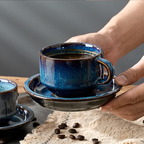 Midnight Tide Porcelain Stackable Espresso Cups & Saucers Set with Metal Stand, 7.4 oz Coffee & Tea Cups