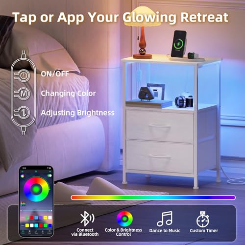 LED Nightstand with Charging Station & 2 Drawers - White Bedside Table