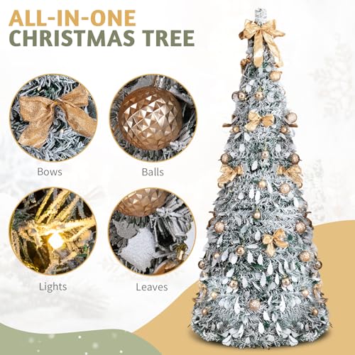Karl Home 6 ft Snow Flocked Pre-lit Artificial Pop Up Christmas Tree with 100 Warm Lights, Golden Ornaments – Snowy Green