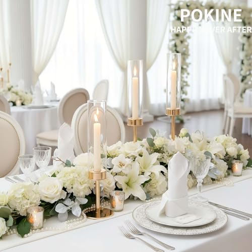 POKINE Gold 6pcs Taper Candle Holders Set – Varying Heights, Glass Candlestick Set