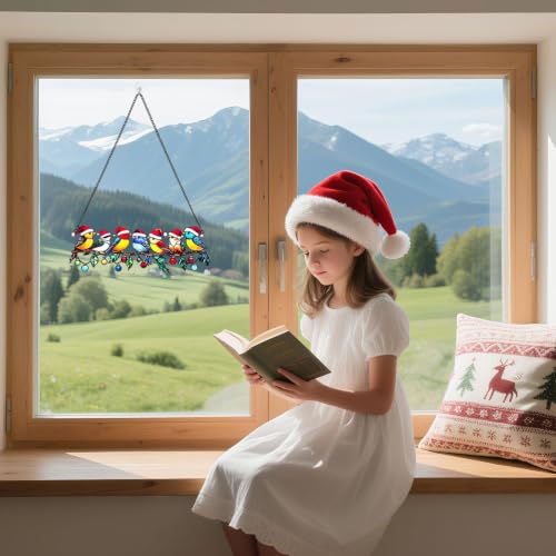Christmas Bird Window Decor with 6 Cardinal Ornaments - Metal Wall Hanging for Holiday Home & Garden