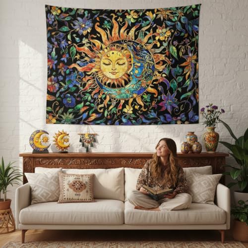 Sun and Moon Stained Glass Wall Tapestry - Boho Vintage Floral Wall Hanging