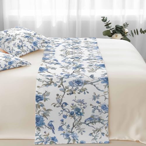 Birchloom Blue Floral Birds King Bed Runner Set with 2 Pillow Covers