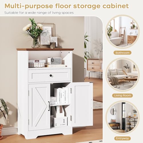 Farmhouse Floor Storage Cabinet with Barn Doors and Drawer, White