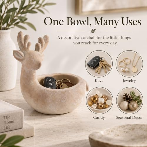 Beige Reindeer Decorative Bowl - Christmas Tabletop Centerpiece, 8.7" Cement Holiday Decor