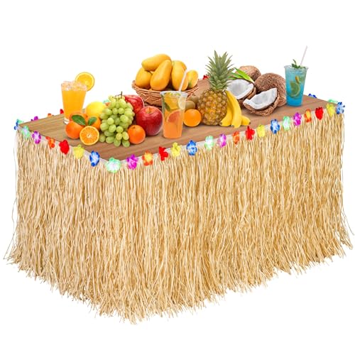 Hawaiian Luau Grass Table Skirt with Hibiscus Flowers, 9ft Tropical Decor