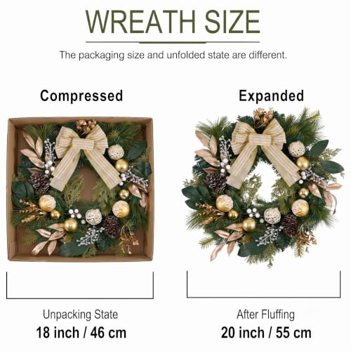 DecorbyHannah 20-Inch Modern Gold & White Prelit Christmas Door Wreath with Lights