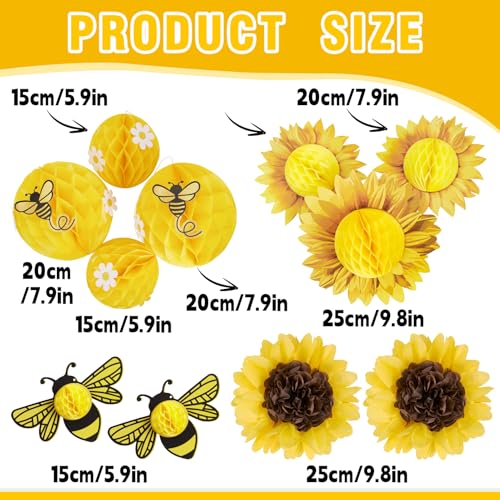Sunflower and Bee Honeycomb Hanging Decorations, 3D Tissue Paper Party Decor