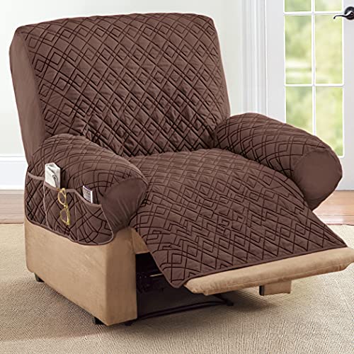 Diamond Quilted Recliner Cover with Storage Pockets - Chocolate