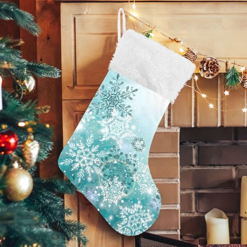 ALAZA Personalized Silver Teal Christmas Stocking 17.7" with Snowflakes - Family Holiday Decor