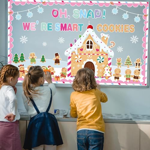 Christmas Bulletin Board Decorations Set with Borders - Gingerbread Men & House Cutouts for Classroom Holiday Decor