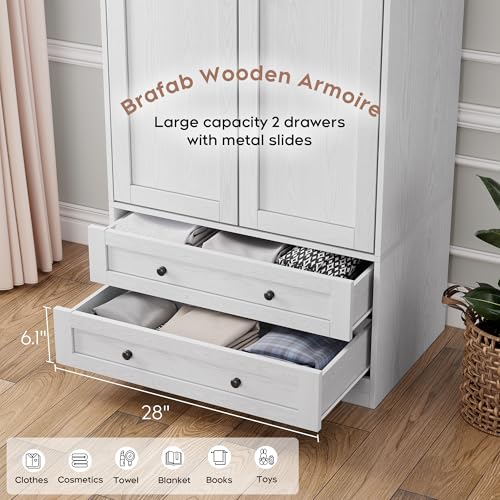 2-Door Wooden Armoire Wardrobe with 2 Drawers and Hanging Rail - White