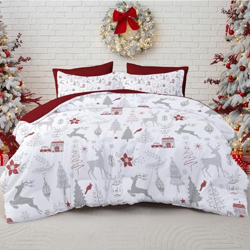Luxudecor Christmas King Comforter Set - 7 Pieces, Red & White Reindeer Bed in a Bag, King