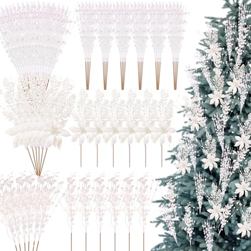 White Christmas Tree Picks and Sprays - 36 Pack, 17 Inch Glitter Berry Branches