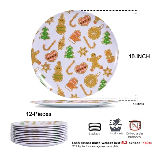 12Pcs 10" Melamine Gingerbread Christmas Plates Set - Brown Gingerbread Dishes