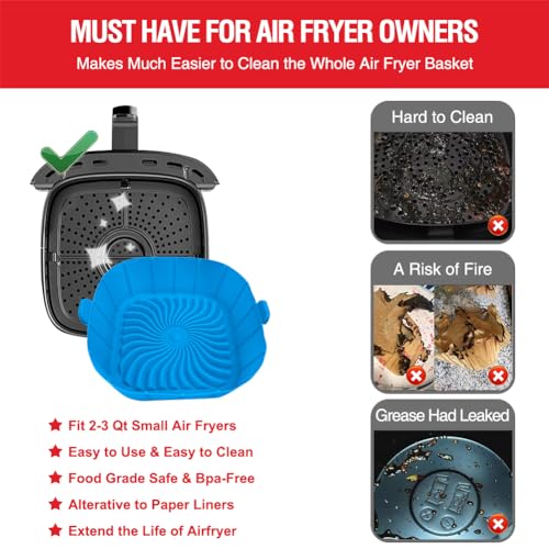 Xabzhzn Blue & Black Silicone Air Fryer Liners for 2-3 Qt Small Air Fryers - Reusable Non-Stick Basket Set