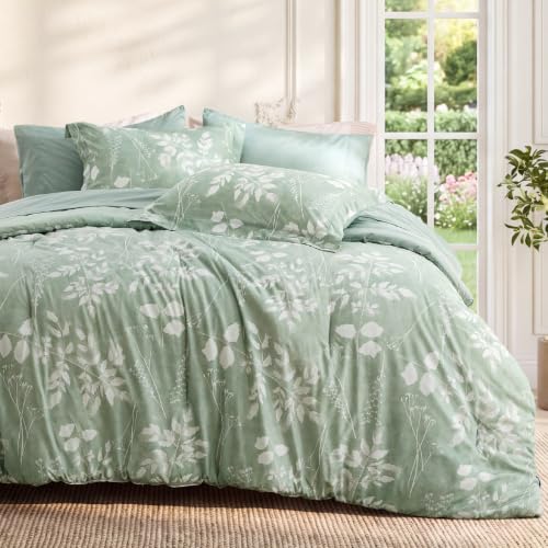 Sage Green Floral Queen Comforter Set - 7-Piece All-Season Bed in a Bag