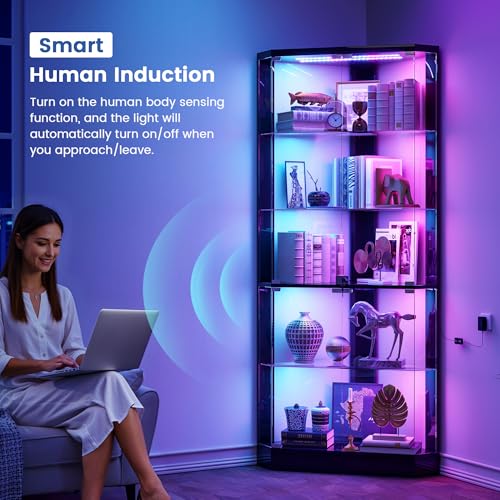 5-Tier Corner Display Cabinet with RGB Lighting and Lock, 69-Inch Tall