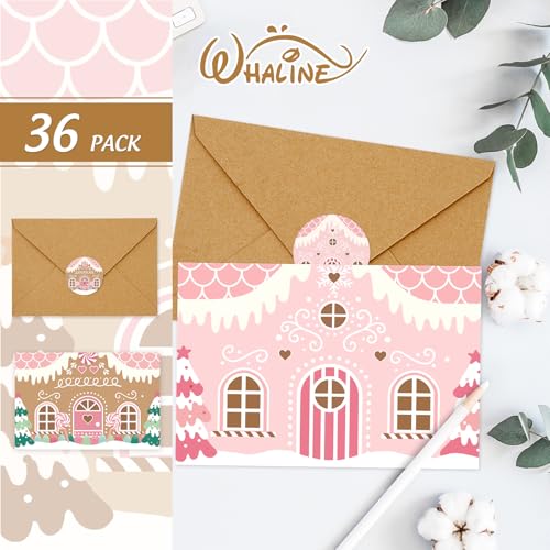 Christmas Greeting Cards with Envelopes & Stickers - Gingerbread House Design, 36 Pack 4x6 Inches