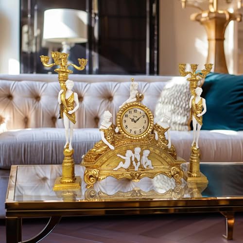 GENUINQ 23 Inch Vintage French Rococo Mantel Clock with Candleholders Set