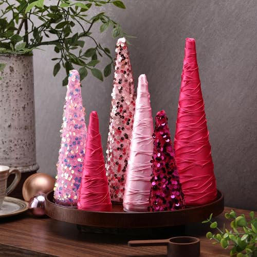 Pink Christmas Cone Trees Set of 6 - Festive Holiday Decor, 10", 8", 6"