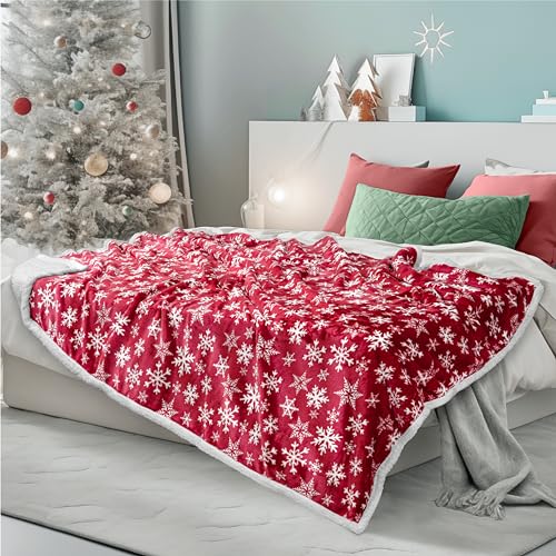 PAVILIA Red Snowflake Christmas Sherpa Throw Blanket Twin Size - Cozy Reversible Fleece & Sherpa, 60x80 Inches