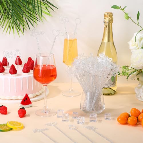 100 Pcs Wedding Drink Stirrers Glitter Silver Cocktail Picks Heart Ring Love US