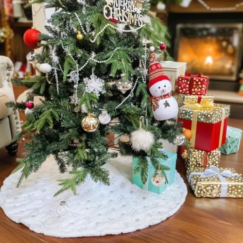 48-Inch White Faux Fur Christmas Tree Skirt with Silver Sequin Snowflakes
