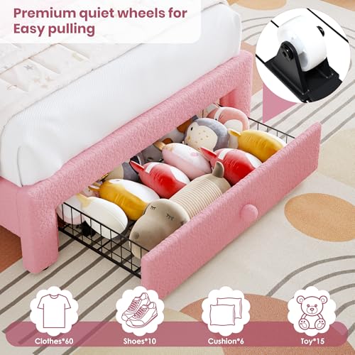 Twin Upholstered LED Rainbow Bed Frame with Storage Drawer, Pink