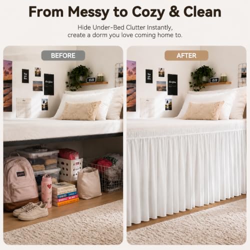 White Twin XL Bed Skirt 32 Inch Drop - Elastic Wrap Dust Ruffle for Dorms