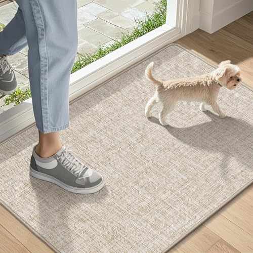 Ultra-Thin Indoor Door Mat 17" x 29" - Non-Slip Khaki Dirt Trapper Rug