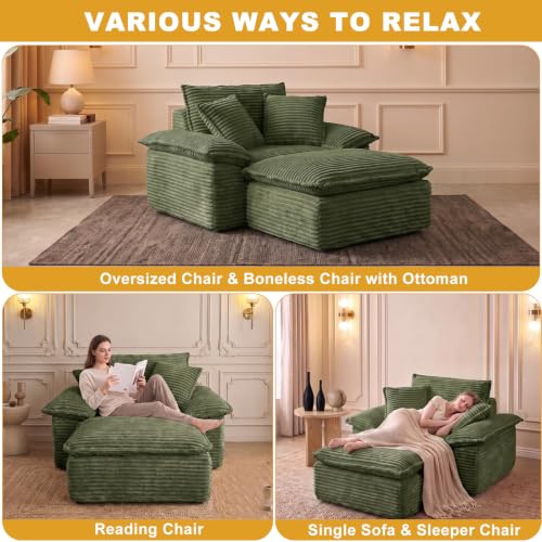 Oversized Corduroy Chaise Lounge Sofa with Ottoman and 3 Pillows