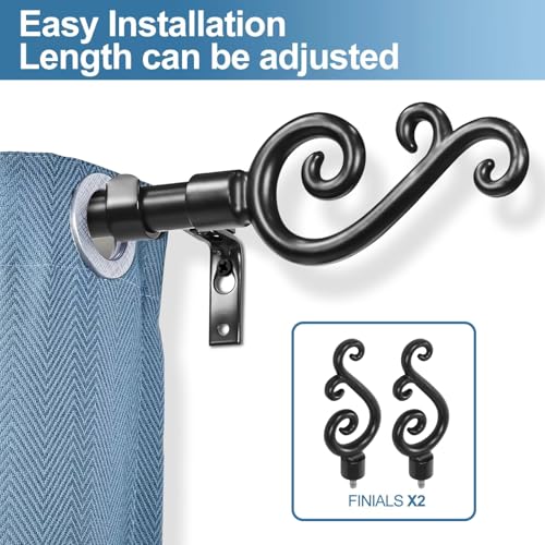 Adjustable Scroll Finial Curtain Rod Set, 5/8-inch, Black, 48-84 Inch