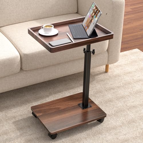 Adjustable C-Shaped End Table - Rolling 360° Swivel TV Tray, Walnut