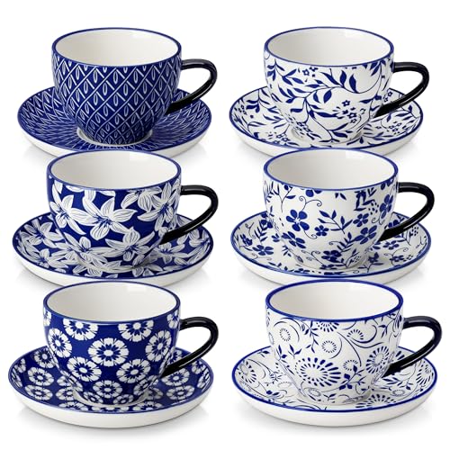 Vancasso 8oz Cappuccino Cups with Saucers Set of 6 - Porcelain Coffee Mug Set