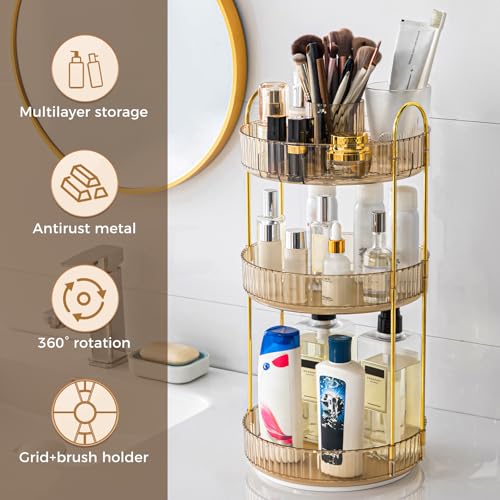BEFSOP 3-Tier Gold Rotating Makeup Organizer with Brush Holder - Upgraded Clear Cosmetic Storage for Women
