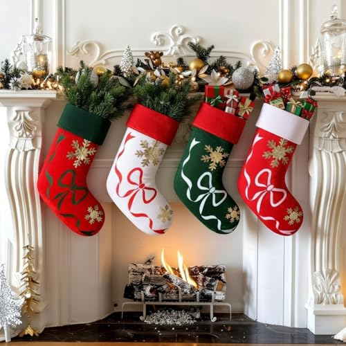RoundFunny 18in Velvet Christmas Stockings Set of 4 with Embroidery - Red & Green