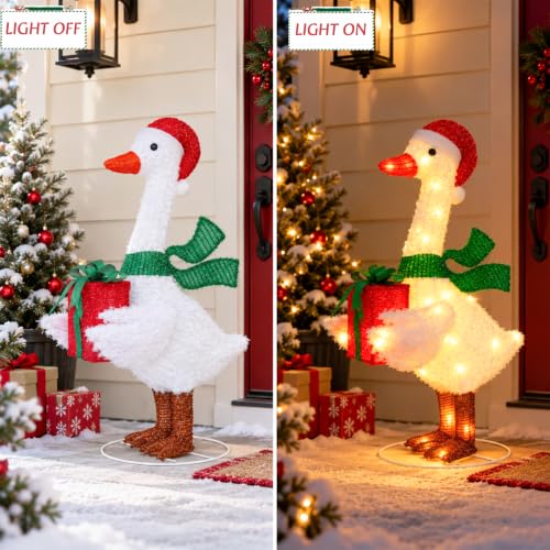 Lighted Christmas Goose Decoration with Santa Hat & Gift Box - White & Green