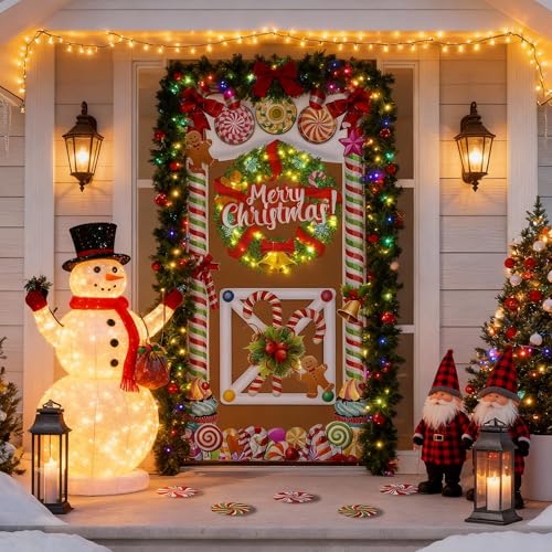Christmas Gingerbread House Door Cover with Floor Stickers - Holiday Decor, 67x33 inches