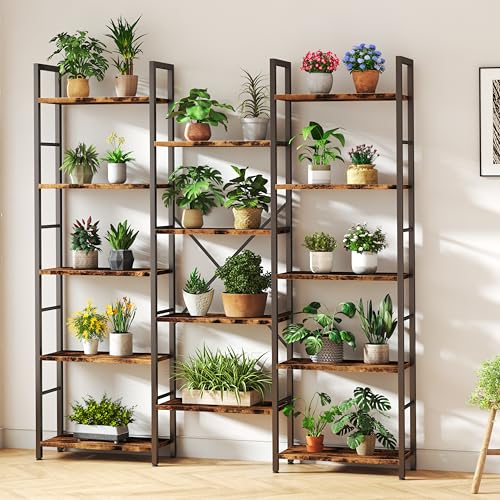 5-Tier Triple Column Industrial Bookshelf, Wide Open Display Bookcase