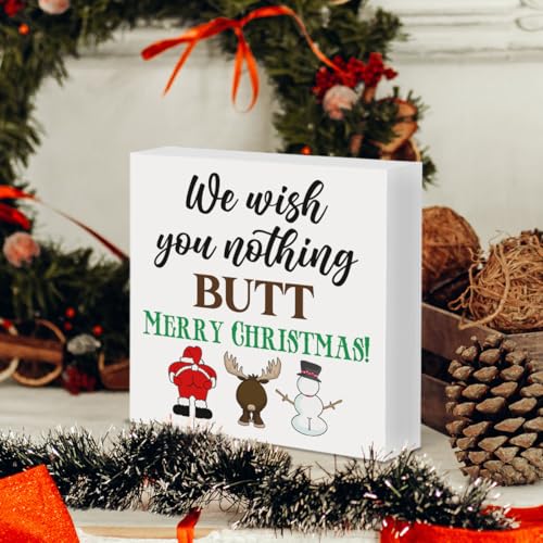 Funny Christmas Sign Decor for Bathroom We Wish You Nothing Butt Merry Christmas Wood Block Sign - Variation D