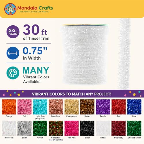 Metallic White Glitter Tinsel Garland - 30 FT x 0.75 Inch Foil Decor