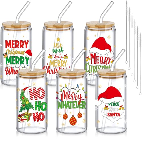 SiliFine Christmas Glass Cups with Lid & Straw - Santa Design, 16 oz, 6 Pack