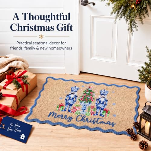 Breling Nutcracker Christmas Doormat Blue Scalloped Holiday Entry Rug