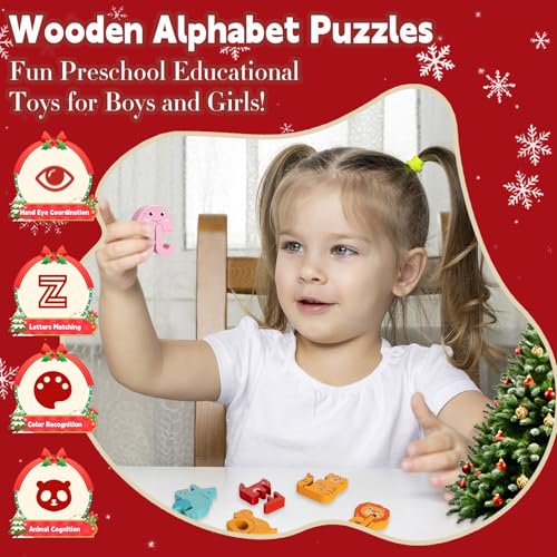 Yxwomenxy Advent Calendar 2026 Animal Alphabet Matching Toy for Kids - Wooden Educational Puzzle, Preschool Learning, Christmas Gift, Variation A