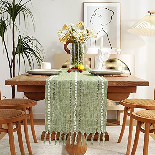 Chassic Hemstitched Sage Green 13"W x 48"L Linen Table Runner - Rustic Farmhouse, Tassel Embroidered